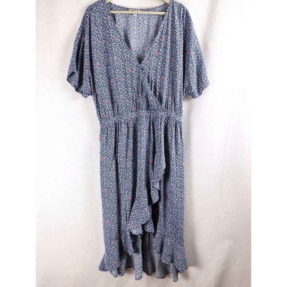 J. Crew Mercantile Blue Floral Faux Wrap High Low Ruffle Midi Dress Large